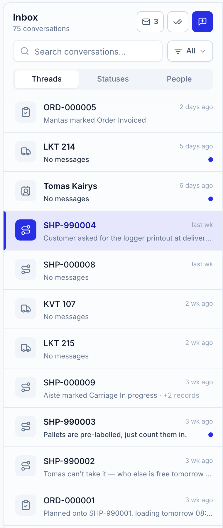 Fig. 1 · The Inbox feed with its record filters on the left.